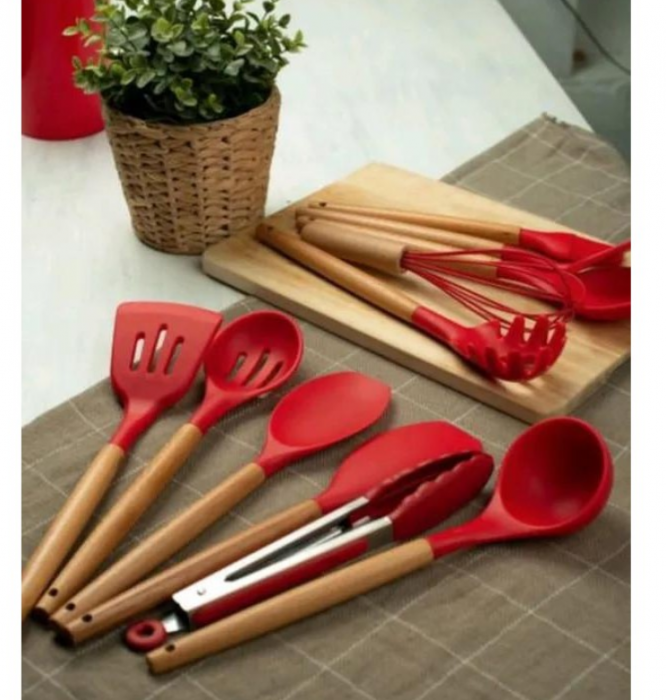 Set ustensile bucatarie 11 piese Lemn si Silicon alimentar, Termorezistente, Antiaderente, Suport Blat [8]
