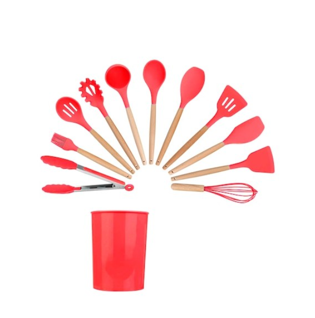 Set ustensile bucatarie 11 piese Lemn si Silicon alimentar, Termorezistente, Antiaderente, Suport Blat [7]