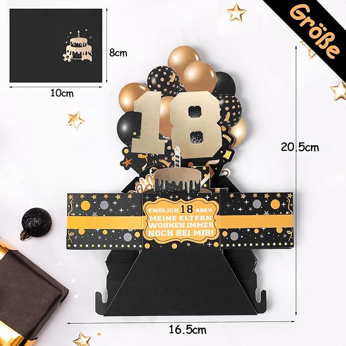 Felicitare 3D Pop-Up pentru aniversare 18 ani, Rhdekoein, cu plic, negru [8]