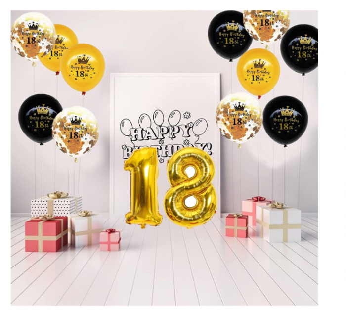 Setul de baloane pentru petreceri Happy 18 Birthday Balloons  - 18 ani, auriu + negru [5]