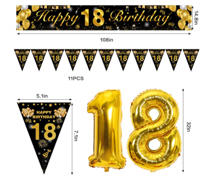 Setul de baloane pentru petreceri Happy 18 Birthday Balloons  - 18 ani, auriu + negru [2]