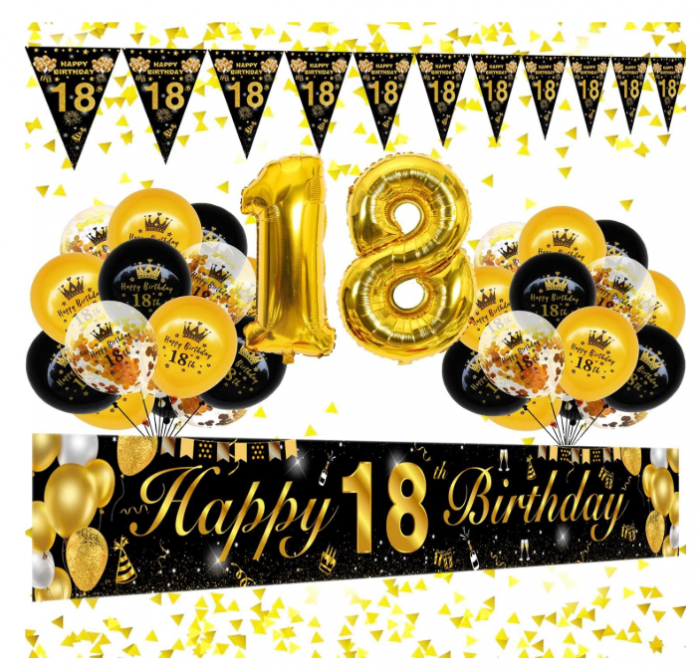 Setul de baloane pentru petreceri Happy 18 Birthday Balloons  - 18 ani, auriu + negru