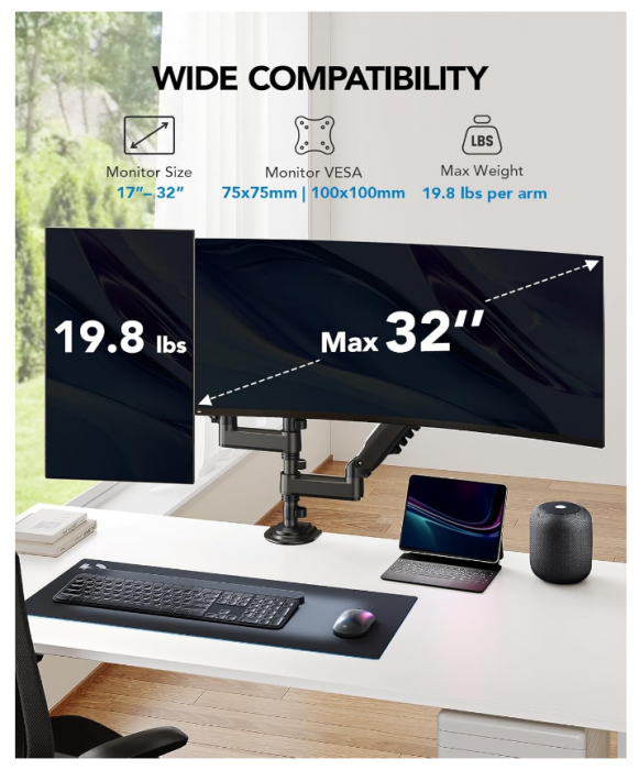 Suport Dublu pentru Monitoare - Braț Articulat cu Prindere pe Birou, Compatibil VESA 13”-27”, Reglabil pe Înălțime, Pivotare 360°, Capacitate 8 kg/Monitor - Resigilat [2]