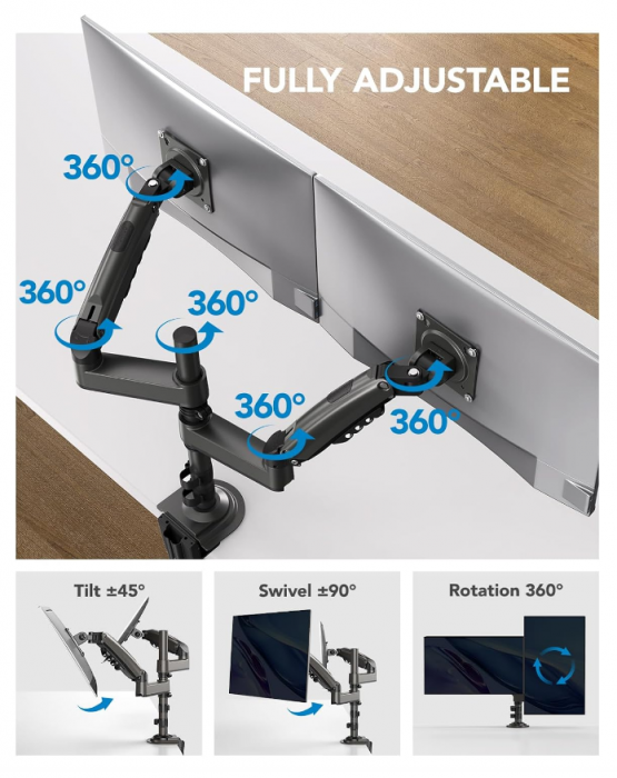 Suport Dublu pentru Monitoare - Braț Articulat cu Prindere pe Birou, Compatibil VESA 13”-27”, Reglabil pe Înălțime, Pivotare 360°, Capacitate 8 kg/Monitor - Resigilat [4]