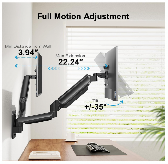 Suport de Perete Dublu pentru Monitoare 17–32” – Braț Articulat cu Gaz, VESA 75/100 mm, Capacitate 3–8 kg per Monitor, Rotire 360°, Reglabil pe Înălțime- Resigilat [4]