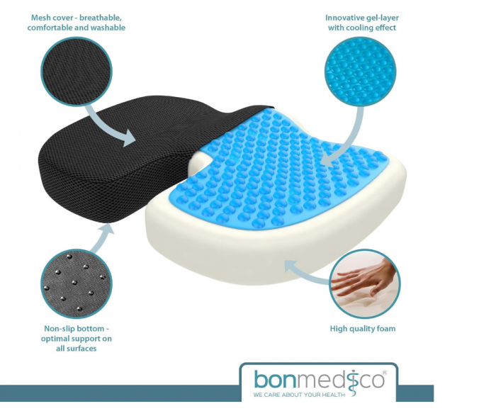 Perna Ortopedică pentru sezut bonmedico – Gel & Spumă cu Memorie, Antiescare, Universală, husa detasabile, respirabila si antialunecare, protectie zona Lombara, Sciatica, Dureri de sold, Hemoroizi, Ne [2]