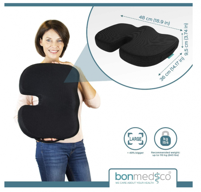 Perna Ortopedică pentru sezut bonmedico – Gel & Spumă cu Memorie, Antiescare, Universală, husa detasabile, respirabila si antialunecare, protectie zona Lombara, Sciatica, Dureri de sold, Hemoroizi, Ne [4]