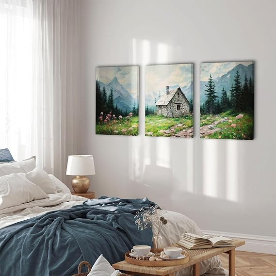 Set 3 tablouri pe pânză pentru perete, peisaj cabană la munte, flori de câmp, decor natură pentru living, dormitor sau birou [3]