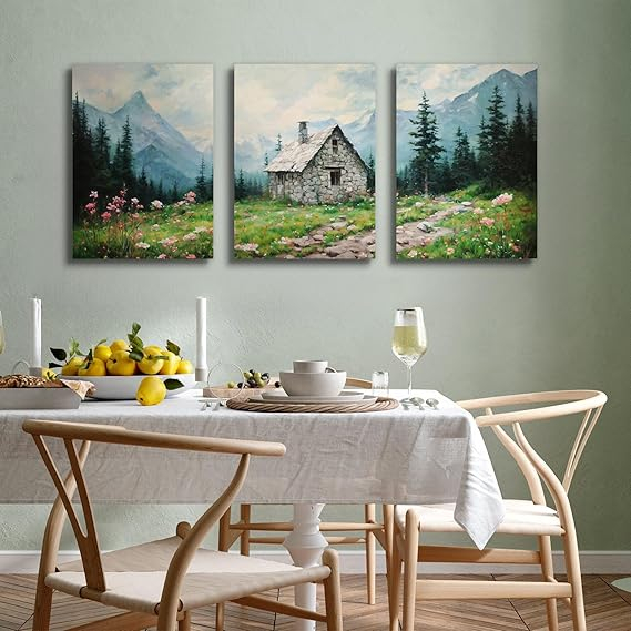 Set 3 tablouri pe pânză pentru perete, peisaj cabană la munte, flori de câmp, decor natură pentru living, dormitor sau birou [2]