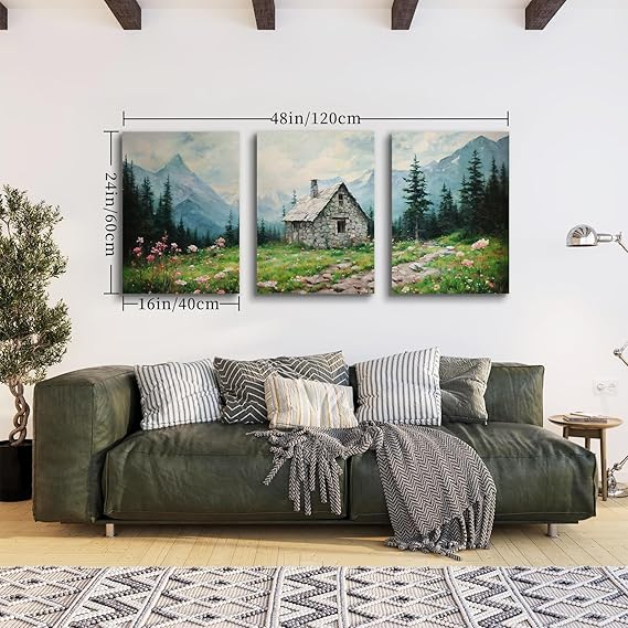 Set 3 tablouri pe pânză pentru perete, peisaj cabană la munte, flori de câmp, decor natură pentru living, dormitor sau birou [4]