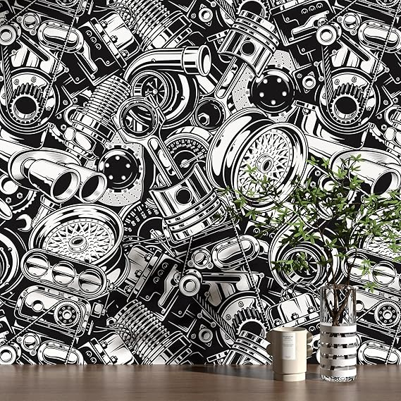 Tapet autoadeziv industrial negru-alb, stil gotic, pentru camera baieti, 44.5 x 300 cm, vinil impermeabil pentru mobilier si pereti [1]