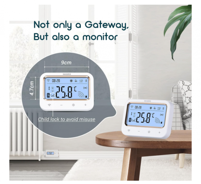Termostat Wi‑Fi programabil pentru calorifer + gateway, 11 perioade, alarmă temperatură, child‑lock [6]