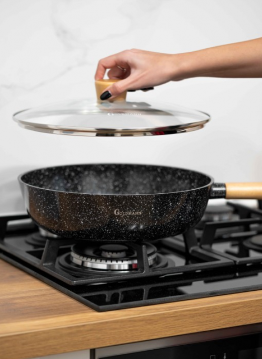 Tigaie Wok aluminiu turnat, 30x8.5 cm, Goldmann, capac termorezistent, acoperire ceramica, maner soft touch [2]