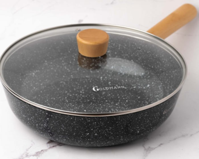 Tigaie Wok aluminiu turnat, 30x8.5 cm, Goldmann, capac termorezistent, acoperire ceramica, maner soft touch [4]