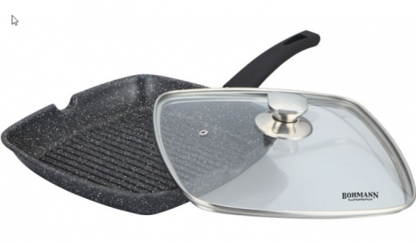 Tigaie Grill Bohmann, 24 cm, din aluminiu presat, interior exterior marmorat, cu capac, negru [2]