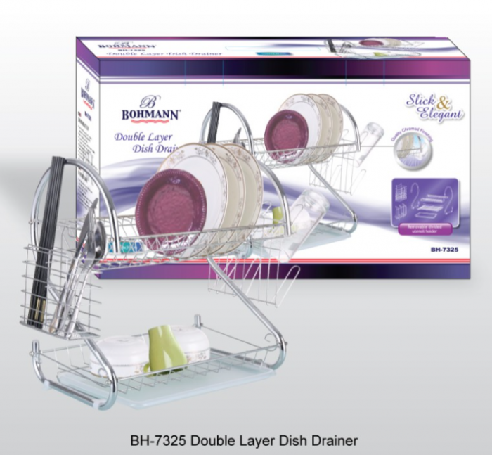 Uscator de vase cromat cu tava din plastic Bohmann, 2 etaje, suport pentru ustensile si suport pentru pahare [2]