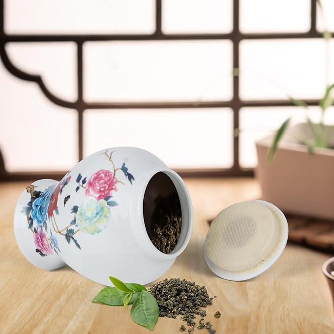 Vaza decorativa ceramica cu capac Yunjuhop Chinoiserie, 19 cm, model Lotus, alb-albastru [6]