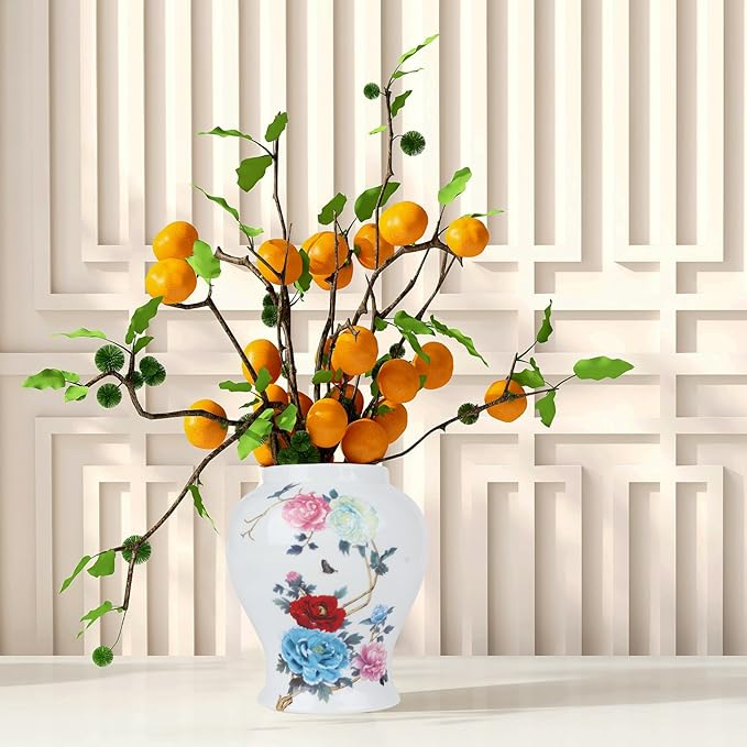 Vaza decorativa ceramica cu capac Yunjuhop Chinoiserie, 19 cm, model Lotus, alb-albastru [7]