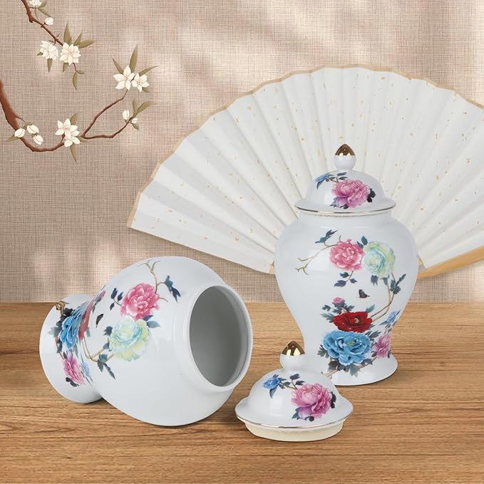 Vaza decorativa ceramica cu capac Yunjuhop Chinoiserie, 19 cm, model Lotus, alb-albastru [5]