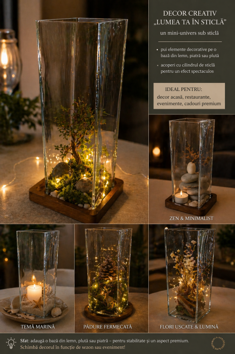 Vaza decorativa sticla groasa 38 cm, deschidere 12 cm, fara baza, suport lumanare tip lanterna, decor masa elegant, evenimente si restaurante [2]