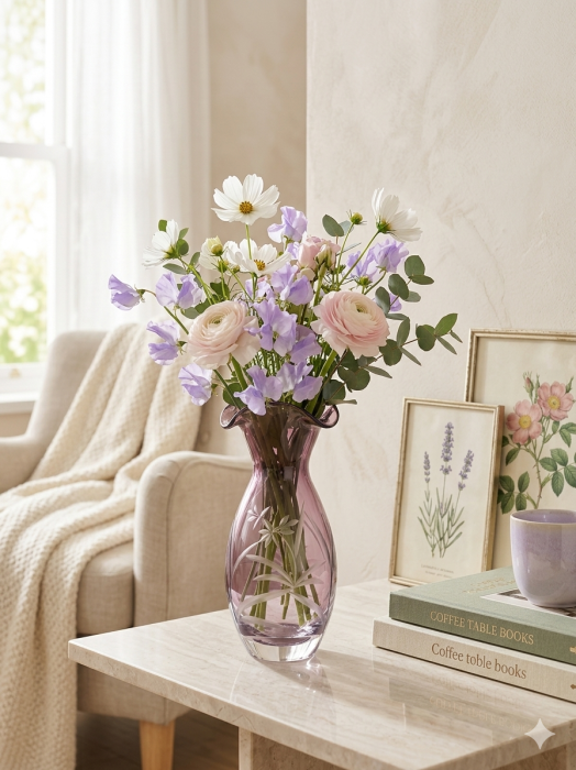 Vaza decorativa din sticla Mother Purple, 22 cm, design elegant cu model floral gravat, culoare mov transparent [2]