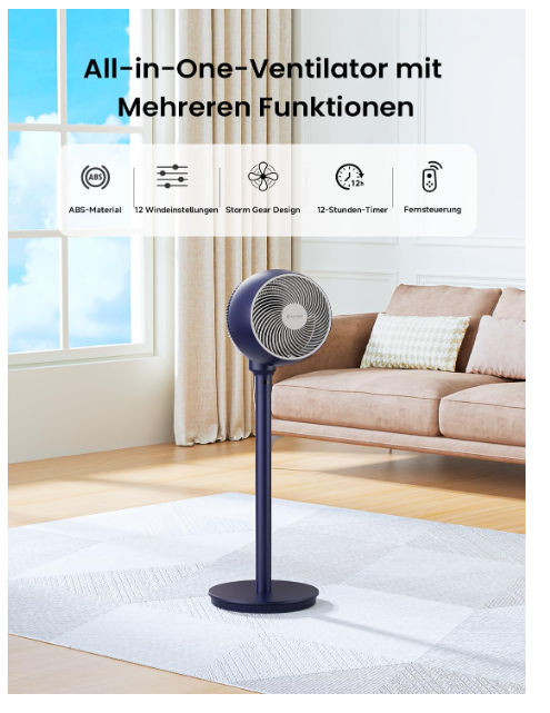 Ventilator cu Picior AIRMATE Turbo, Silentios 25 dB, 12 Trepte Viteza, Telecomanda, Oscilant, Inaltime Reglabila, Timer, Negru [7]