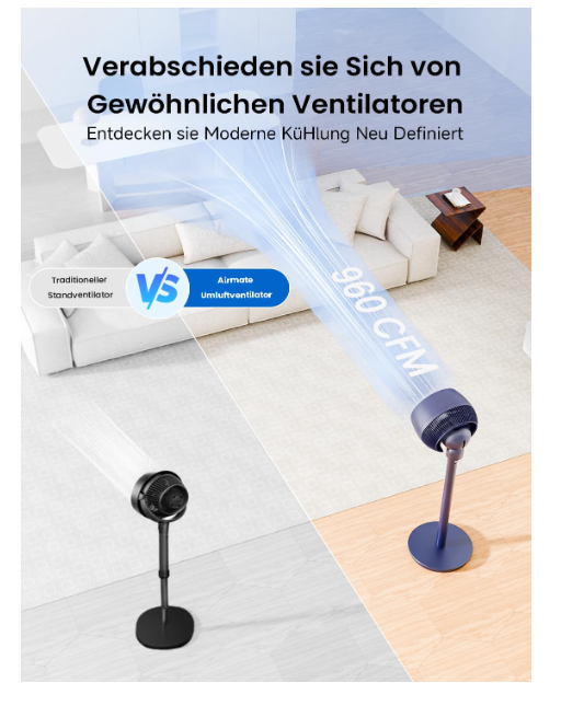 Ventilator cu Picior AIRMATE Turbo, Silentios 25 dB, 12 Trepte Viteza, Telecomanda, Oscilant, Inaltime Reglabila, Timer, Negru [3]