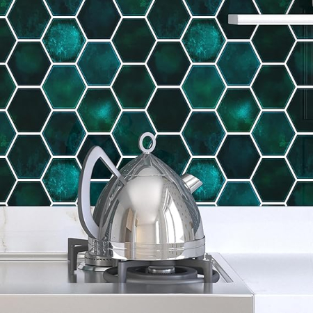 Set 16 autocolante Livelynine pentru perete, 3D hexagon, verde smarald, 30x30 cm, stickere decorative impermeabile pentru bucatarie, baie, semineu [3]
