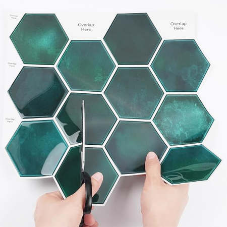 Set 16 autocolante Livelynine pentru perete, 3D hexagon, verde smarald, 30x30 cm, stickere decorative impermeabile pentru bucatarie, baie, semineu [4]