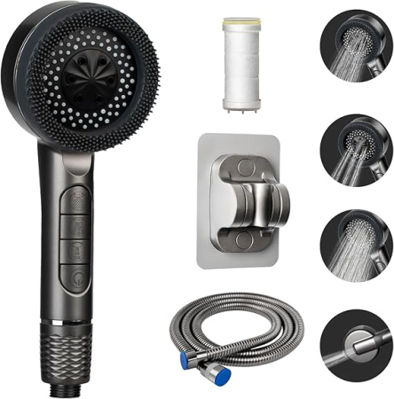 Lichidare Stoc - Cap dus portabil cu 4 moduri de pulverizare, filtrare apa, furtun 150 cm, switch ON/OFF, gri