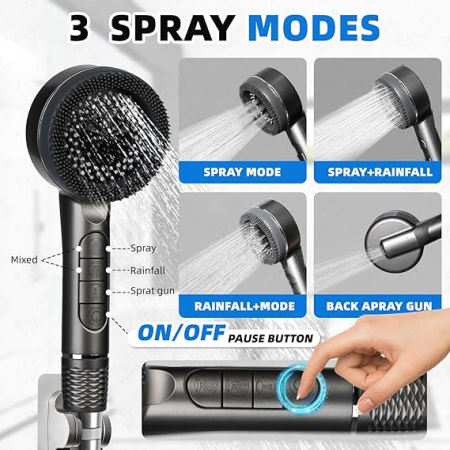 Cap dus portabil cu 4 moduri de pulverizare, filtrare apa, furtun 150 cm, switch ON/OFF, gri [4]
