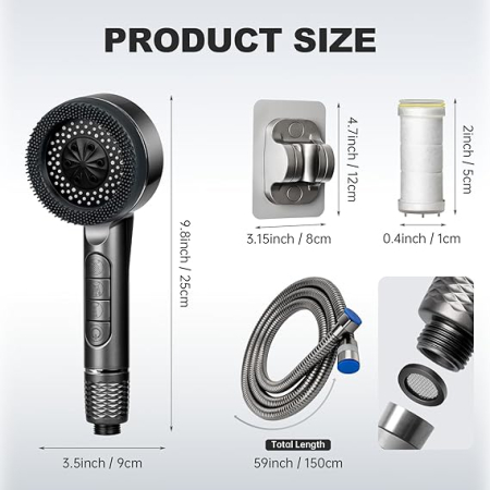 Cap dus portabil cu 4 moduri de pulverizare, filtrare apa, furtun 150 cm, switch ON/OFF, gri [1]