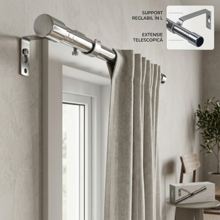 Bara pentru perdea metalica, extensibila 76-226 cm, diametru 1,6 cm, culoare argintie, cu console de montare, galerie decorativa pentru fereastra [1]