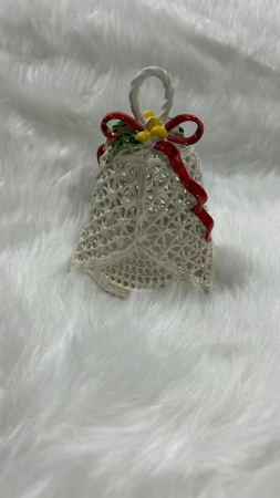 Clopotel Decorativ din Portelan Fin, Model Dantelat "Lace", Decorat cu Funda Rosie si Impletitura Aurie, Inaltime 10 cm, Alb Perlat [4]
