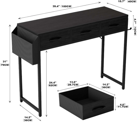 Birou PC 100 cm cu sertare, buzunar depozitare şi cârlig pentru căşti – negru [1]