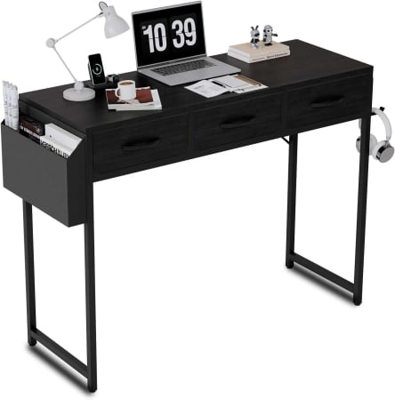 Mobila - Birou PC 100 cm cu sertare, buzunar depozitare şi cârlig pentru căşti – negru