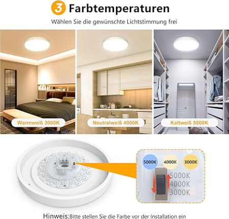 Plafonieră LED OOWOLF 24W, 23 cm, metal, dimabilă, 3000K/4000K/5000K, alb, 2 buc [7]