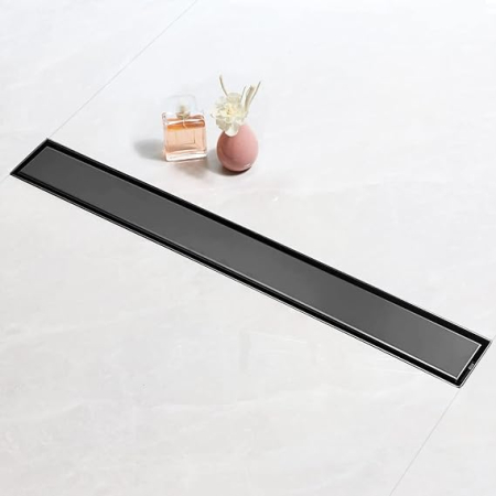 Rigola dus liniara SaniteModar, 110 cm, otel inoxidabil 304, negru, cu sifon 360°, picioare reglabile, panou 2-in-1 tile insert [1]