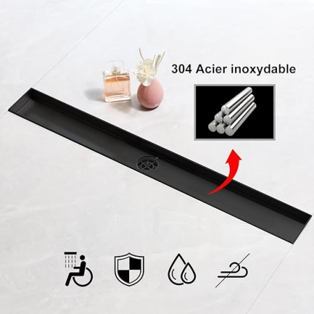 Rigola dus liniara SaniteModar, 110 cm, otel inoxidabil 304, negru, cu sifon 360°, picioare reglabile, panou 2-in-1 tile insert [4]