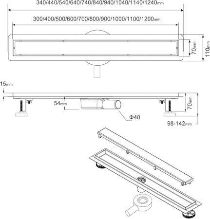 Rigola dus liniara SaniteModar, 110 cm, otel inoxidabil 304, negru, cu sifon 360°, picioare reglabile, panou 2-in-1 tile insert [5]