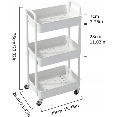 Lichidare Stoc - Carucior de bucatarie 3 niveluri, alb, 29x39x76 cm, multifunctional, cu roti