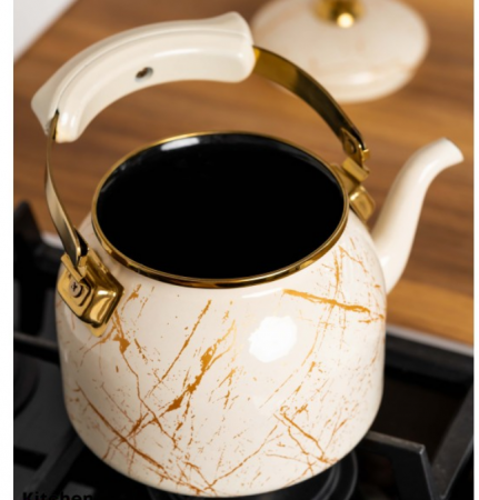 Ceainic emailat, 2.5 litri, compatibil cu toate sursele de caldura, maner termorezistent, Goldmann, bej [7]