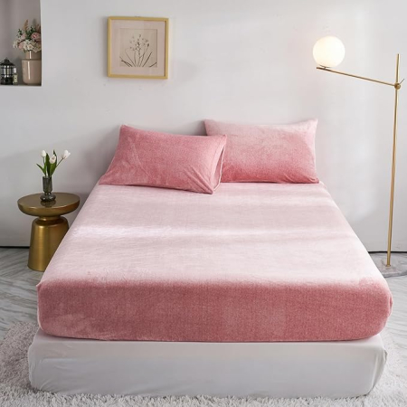 Cearsaf cu elastic pufos 140x200 cm, roz deschis, velur calduros, pentru saltea inalta 25-30 cm [1]
