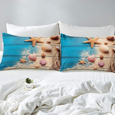 Set lenjerie pat tematica ocean, imprimata cu mare, pentru copii si adolescenti, pat dublu, albastru [1]