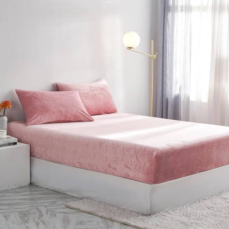 Cearsaf cu elastic pufos 140x200 cm, roz deschis, velur calduros, pentru saltea inalta 25-30 cm [2]