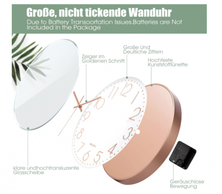 Ceas de perete 30 cm – modern, quartz silențios fără ticăit, cifre aurii [3]