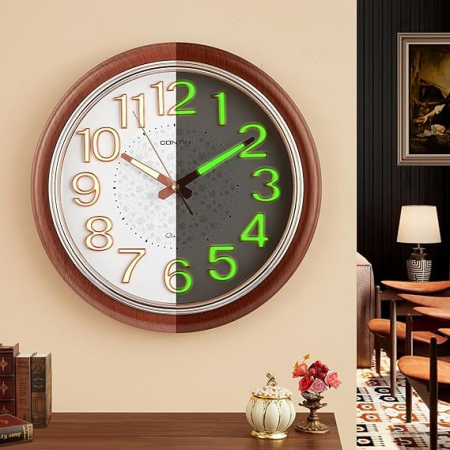 Birotica - Ceas de perete luminous Mubarek, 30 cm, vintage, cu mecanism quartz precis, ultra-silentios, usor de citit zi si noapte, decorativ.