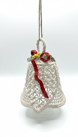 Lichidare Stoc - Clopotel Decorativ din Portelan Fin, Model Dantelat "Lace", Decorat cu Funda Rosie si Impletitura Aurie, Inaltime 10 cm, Alb Perlat