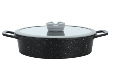 Oale si cratite - Cratita joasa din aluminiu turnat, 28cm, 4.5litri, capac din sticla, 3 straturi antiaderente, compatibil inductie, Goldmann