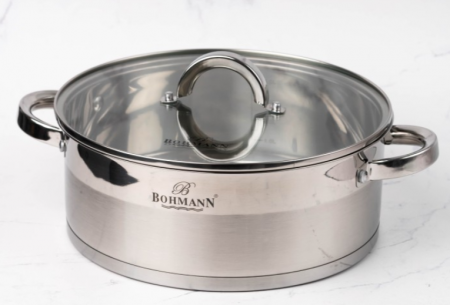 Cratita joasa din inox, 26 x 10cm, 5 litri, compatibila cu plita cu inductie, cu capac din sticla, Bohmann [1]